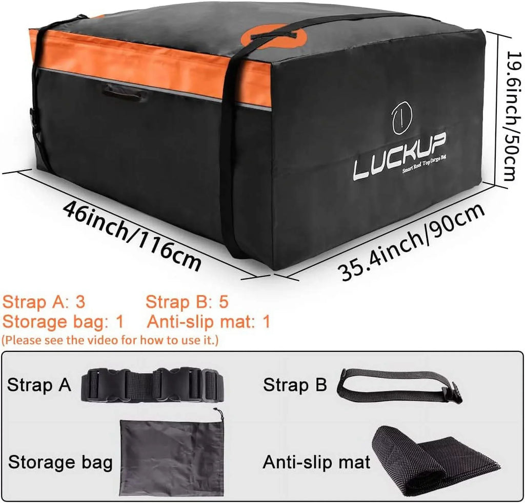 LUCKUP Roof Rack Car Cargo Carrier Bag,18.5 Cubic Ft Rooftop Box, Waterproof &Durable with Anti-Slip Mat, Heavy Duty Wide Straps and Buckles, appropriate for All Car Models (Black & Orange)