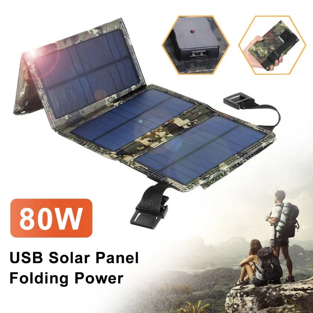 JLLOM 2Pcs 80W USB Solar Panel Folding Portable Power Bank Outdoor Hiking Phone Charger Kit