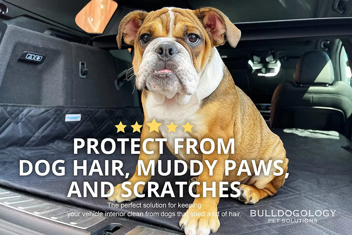 Bulldogology SUV Cargo Liner for Dogs - Heavy Duty Pet Trunk Cargo wrap - Dog Car Seat shield Waterproof Nonslip - Dog Hair, Muddy Paws, Scratches wrap Protector for Cars Vans SUVs (X-Large, Grey)