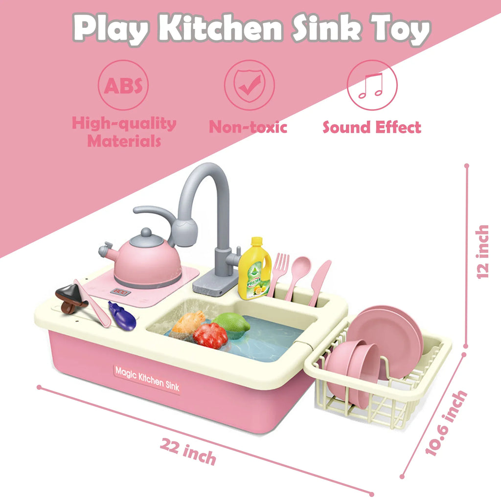 Richgv Pretend Play Kitchen Sink Toys with Running liquid, 23PCS Electric aqua Sink Toy with Play Induction Cooker Play Cutting Food, Kids Kitchen Role Play Toys for Boys Girls
