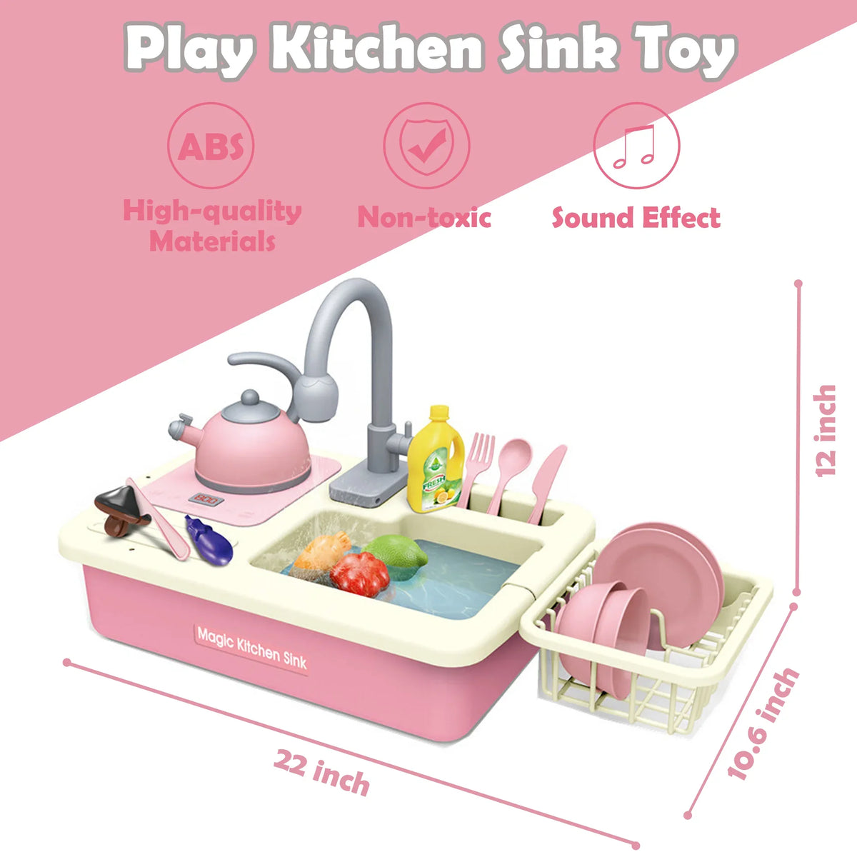 Richgv Pretend Play Kitchen Sink Toys with Running liquid, 23PCS Electric aqua Sink Toy with Play Induction Cooker Play Cutting Food, Kids Kitchen Role Play Toys for Boys Girls