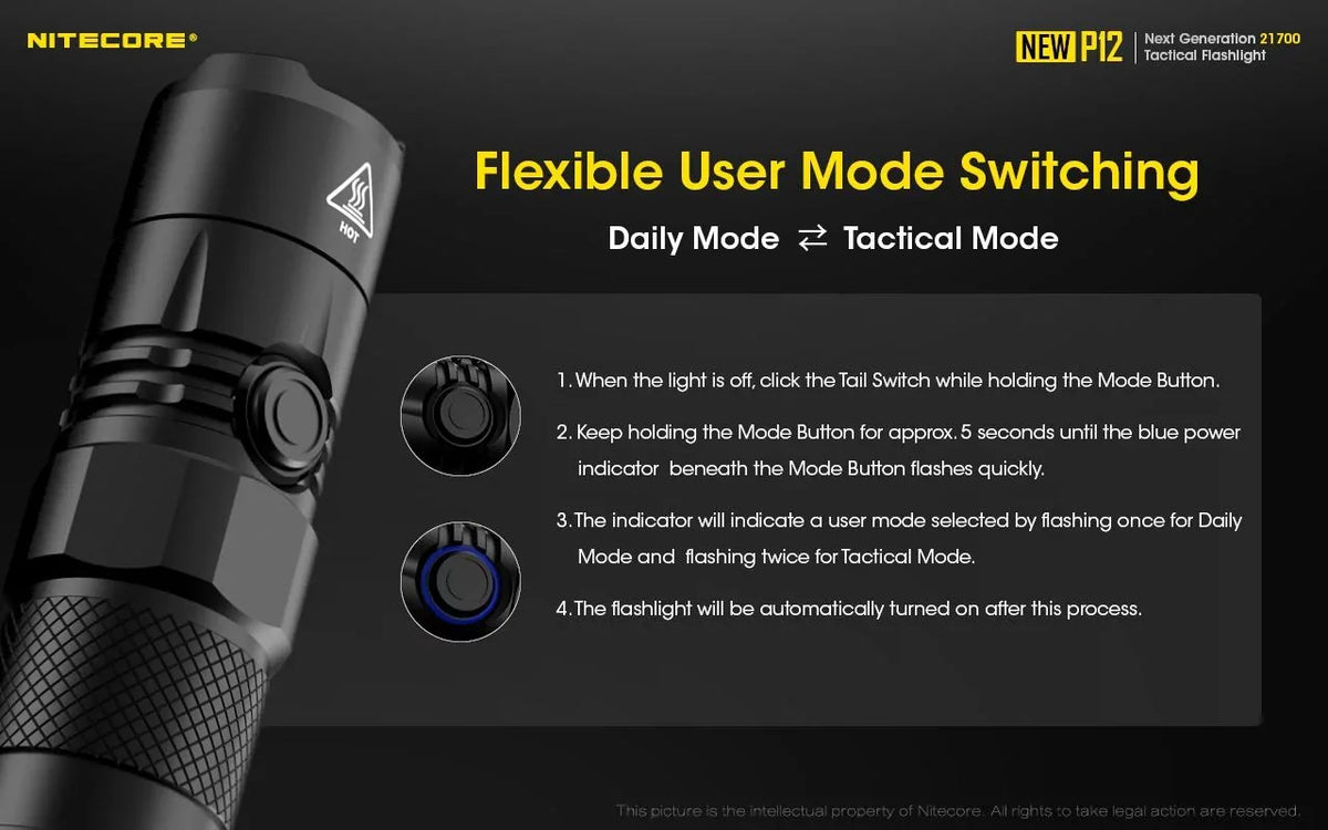 Nitecore New P12 Version LED Flashlight - 1200 Lumens w/NL2150HPR Battery, USB Cord, Offset Mount, RSW3 Pressure Switch,  and  3Amp Wall Adapter