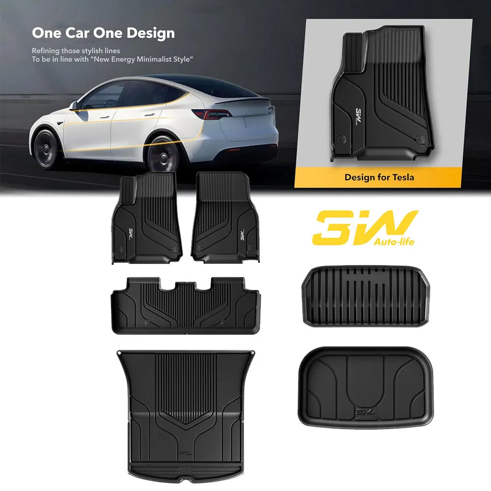 3W Floor Mats & Cargo Liner and Storage Mats For Tesla Model Y 2020-2023 All-atmospheric conditions TPE Car Mats for Tesla Model Y Full Set Black Floor Mats and Trunk Mat Custom Fit for Tesla 5-Seater
