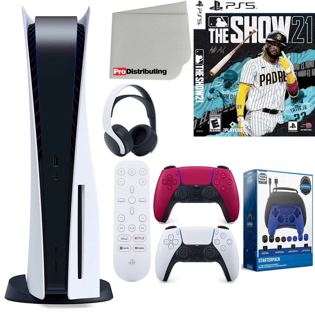 Playstation 5 Disc Version ( PS5 Disc) with Cosmic Red Extra Controller, Headset, Media Remote, MLB The Show 21, Accessory Starter Kit and Microfiber Cleaning Cloth Bundle