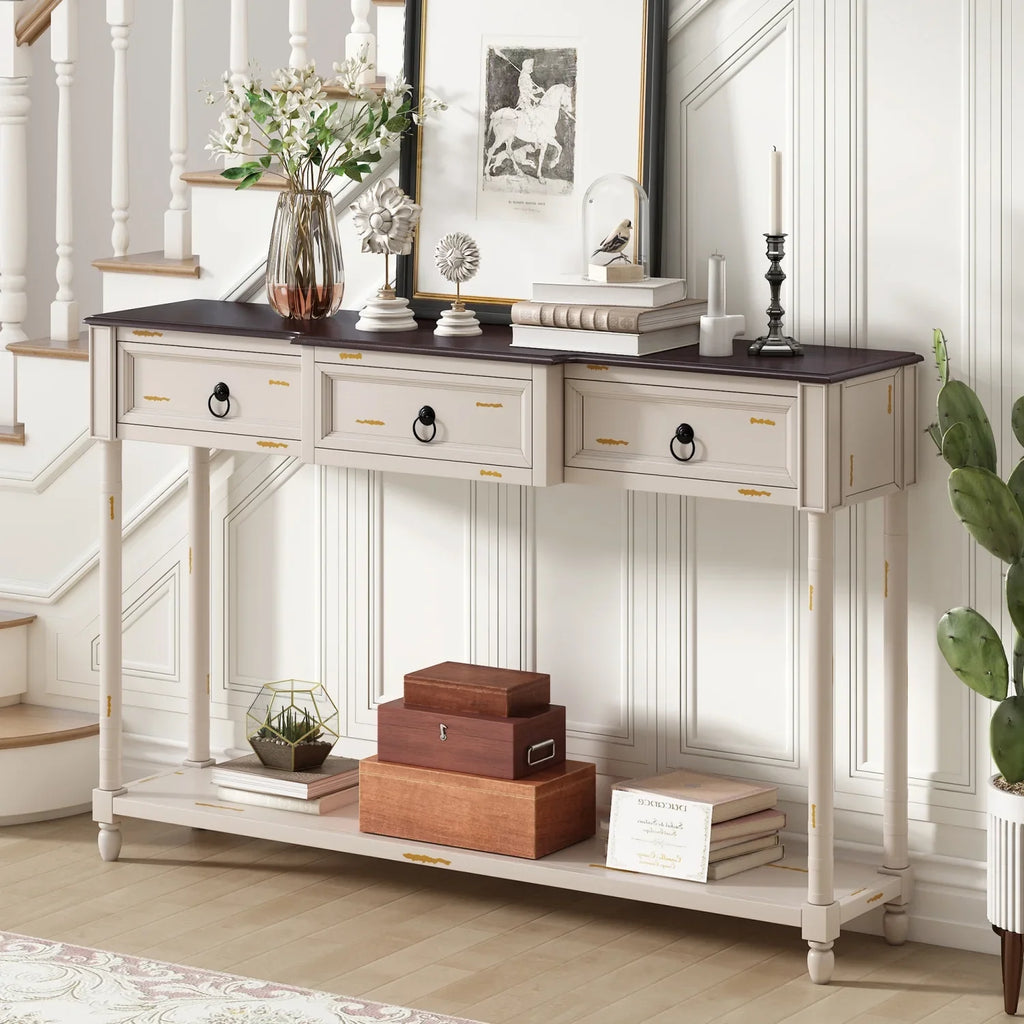 TREXM Console Table Sofa Table with Drawers for Entryway with Projecting Drawers and Long Shelf (Antique White  OLD SKU  WF189574AAK)