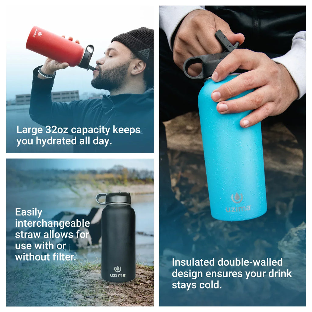 (Blue). Large 32oz Capacity with Double-Walled Stainless Steel Exterior. aqua Purification on the Go. Uzima - Z-Source Filtered liquid Bottle for Hiking, Backpacking, Camping, and Travel