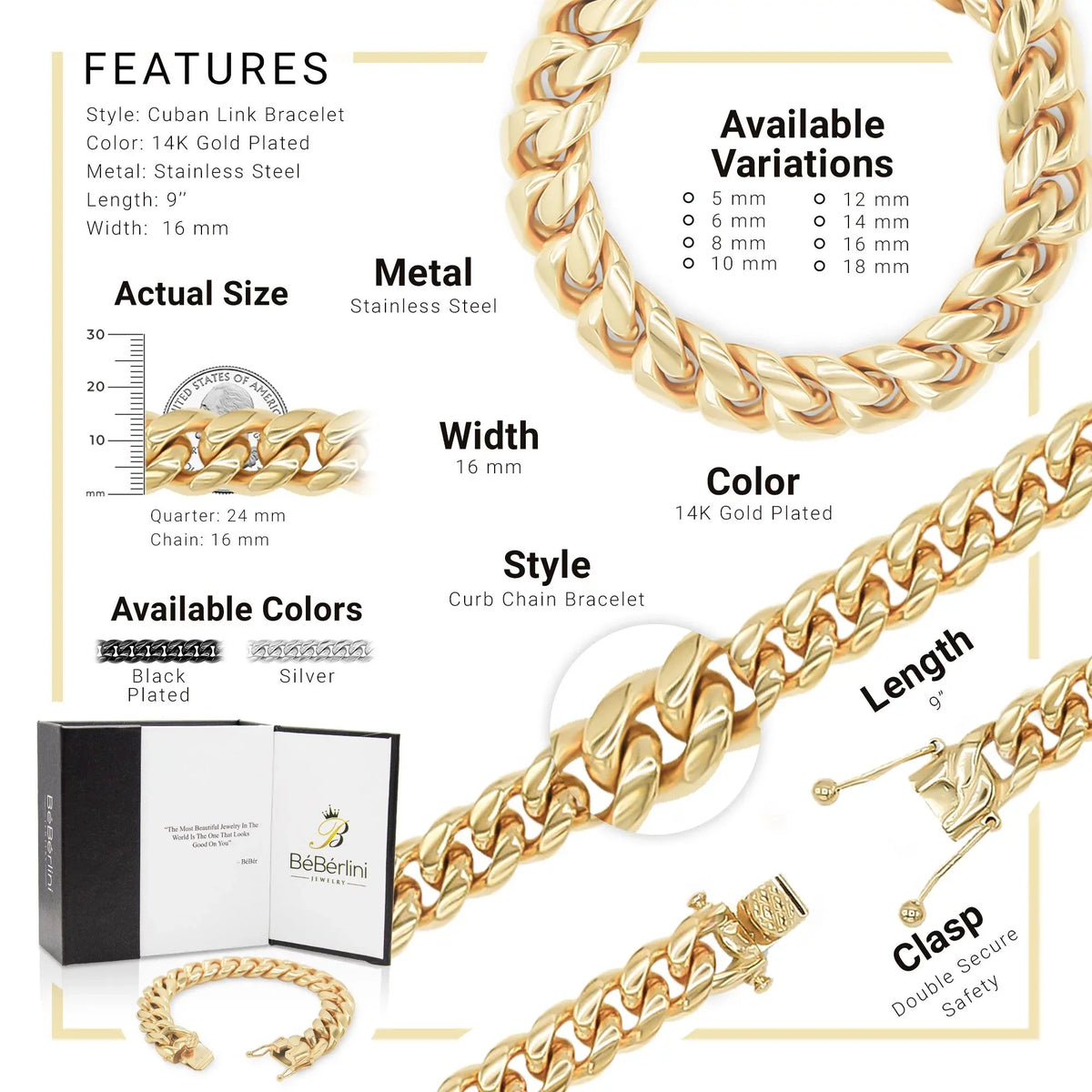 BEBERLINI Cuban Link Bracelet 14K Gold Plated Curb Chain 9" Stainless Steel Fashion Jewelry for Adult Men 16 mm
