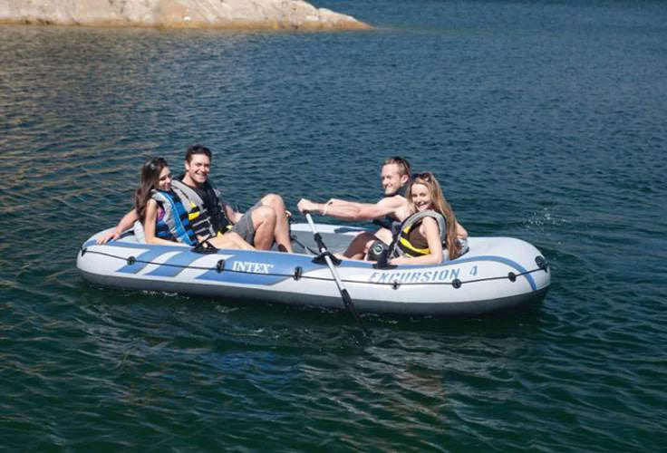 Intex Excursion 4 Person Inflatable Rafting and Fishing ship Set with 2 Oars (Refurbished)