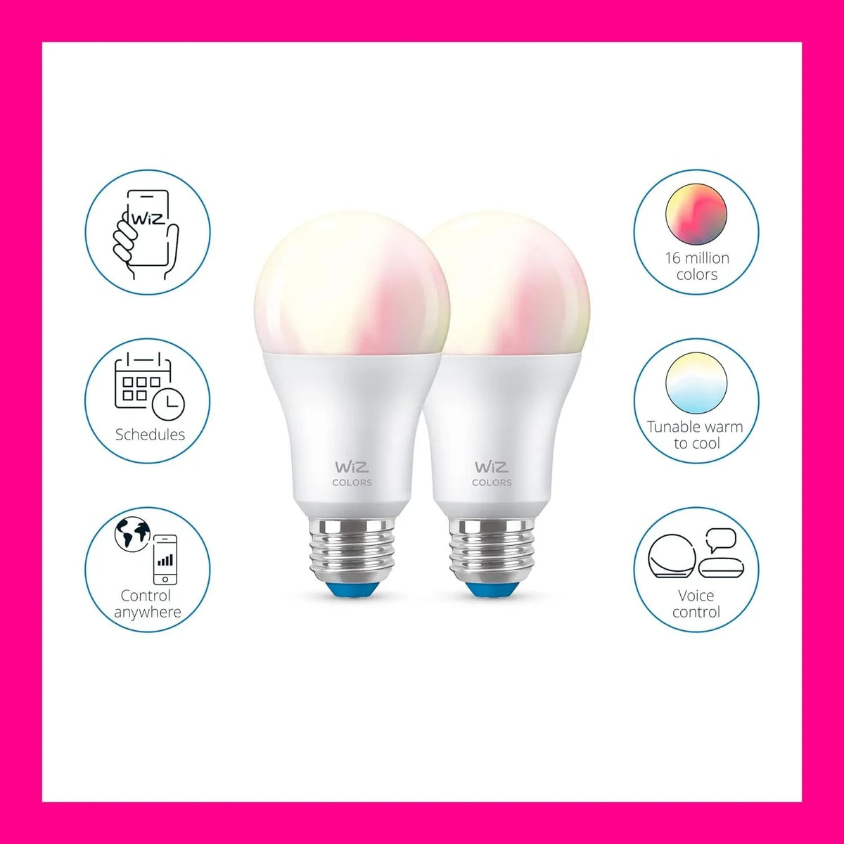 WiZ 60W A19 Color LED Smart Bulb - Pack of 6 - E26- Indoor - Connects to Your Existing Wi-Fi - Control with Voice or App + Activate with Motion - Matter matching