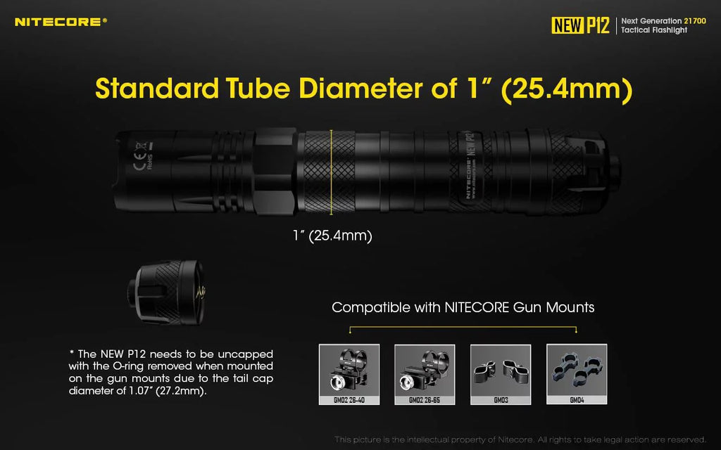 Nitecore New P12 Version LED Flashlight - 1200 Lumens w/NL2150HPR Battery, USB Cord, Offset Mount, RSW3 Pressure Switch,  and  3Amp Wall Adapter