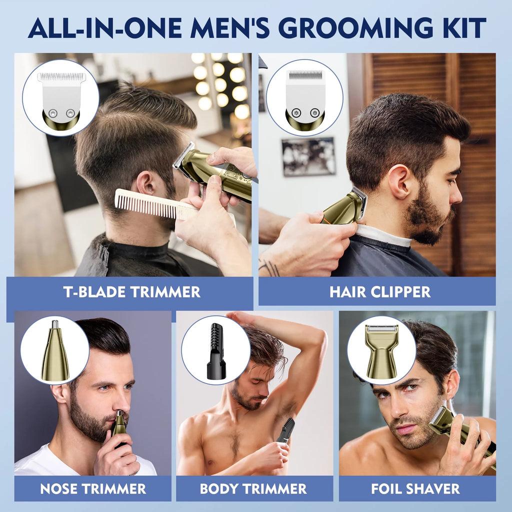 Hair Clippers, 5 IN 1 Cordless Electric Nose Ear Beard Trimmer Facial Body Shaver, Rechargeable Men's Haircut & Grooming Kit with LED Display for Father Husband Boyfriend