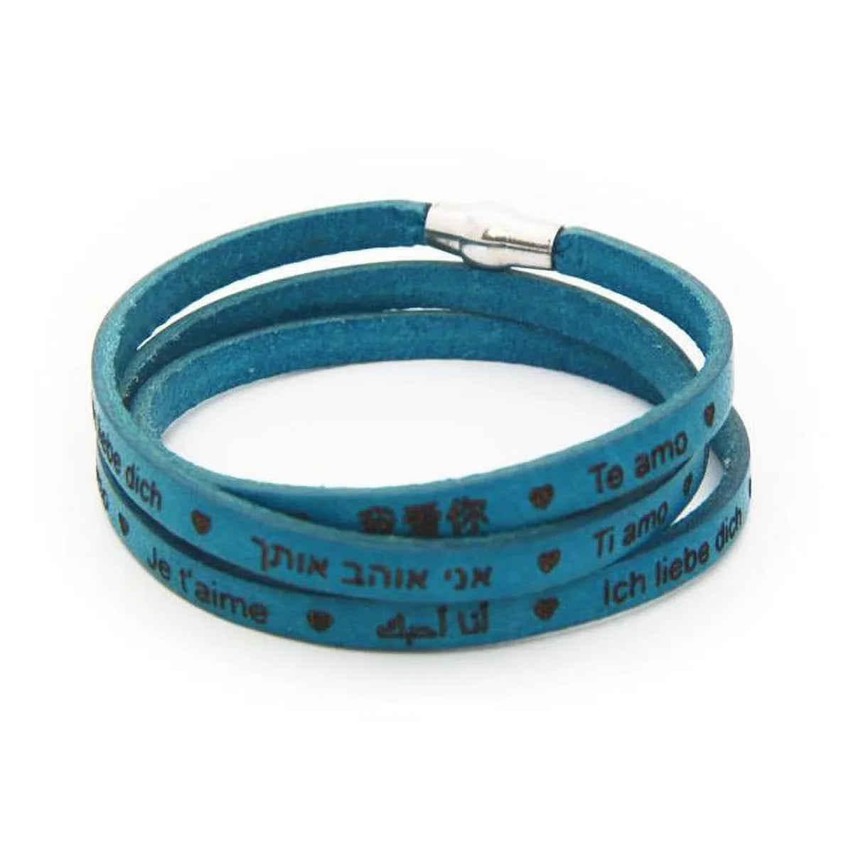 Fronay  I Love You Genuine Italian Leather Wrap Bracelet Engraved 23 Languages - 925 Silver - Blue