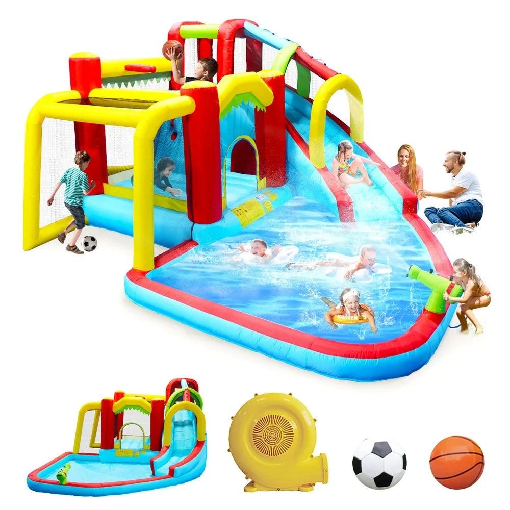 Inflatable liquid Slide,7 in 1 Bounce House with Slide,Climbing Wall, Splash Pool, Basketball Rim,Outdoor Backyard Fun Toys for Kid,Blower Included