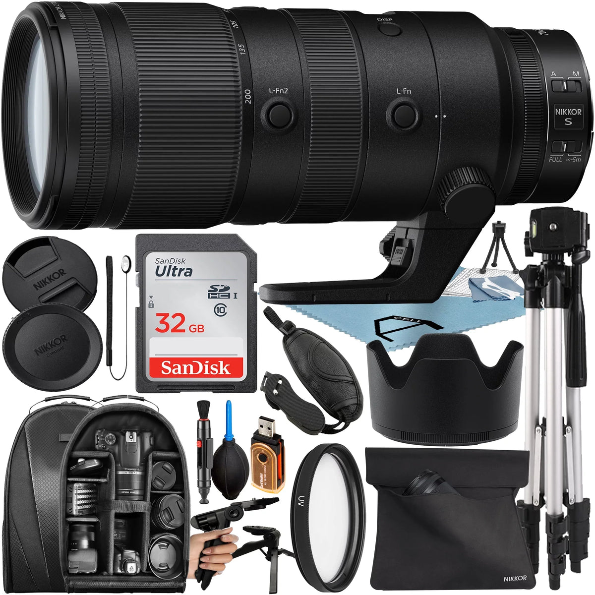 NIKKOR Z 70-200mm F/2.8 VR S Lens with 32GB SanDisk Memory Card + Tripod + Backpack + A-Cell Accessory Bundle