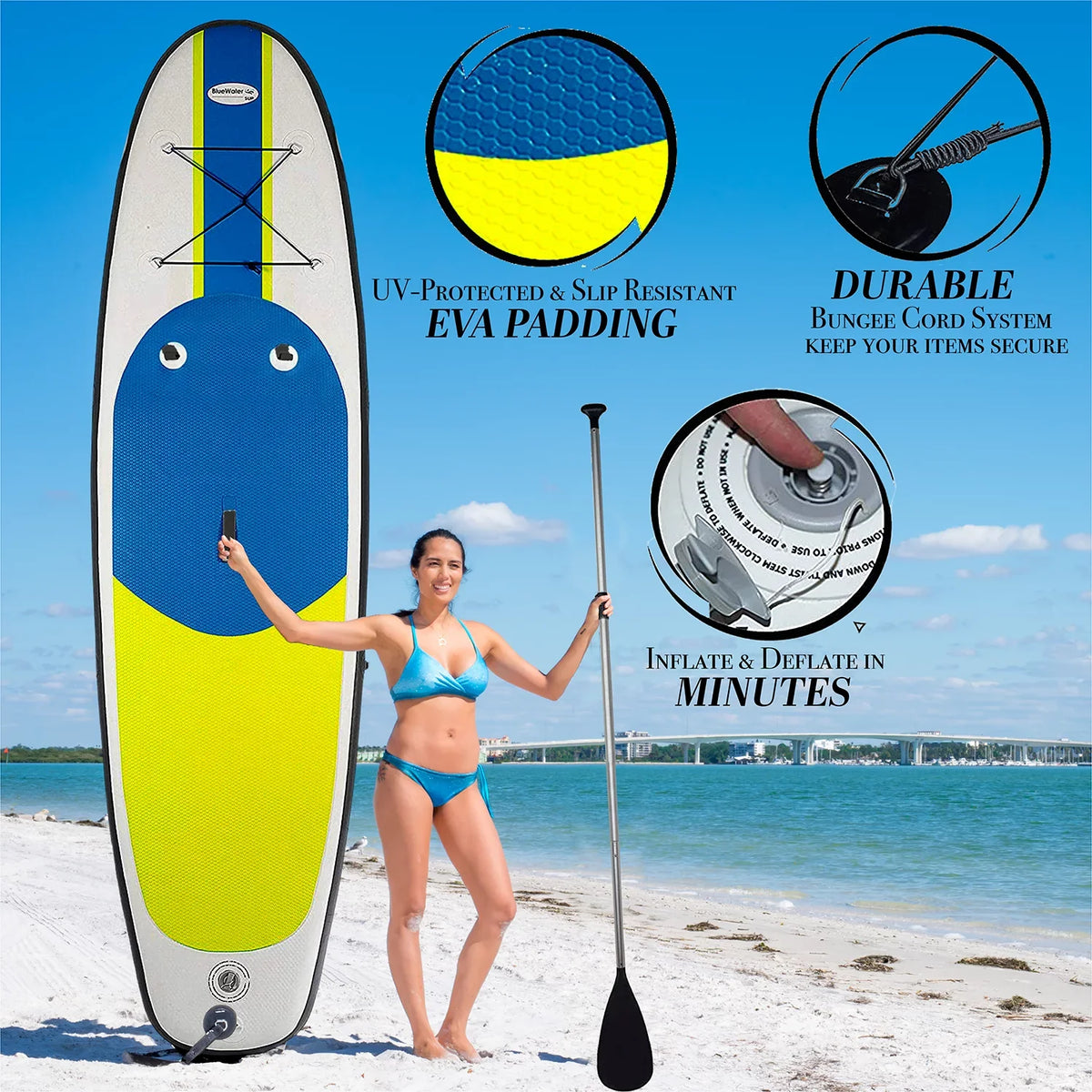 Blue aqua Toys Portable Inflatable Stand Up Paddle Board Kit with Pump, Backpack, Coil Leash, and Repair Kit, SUP 350 Pound Limit, 11 Feet by 34 Inches