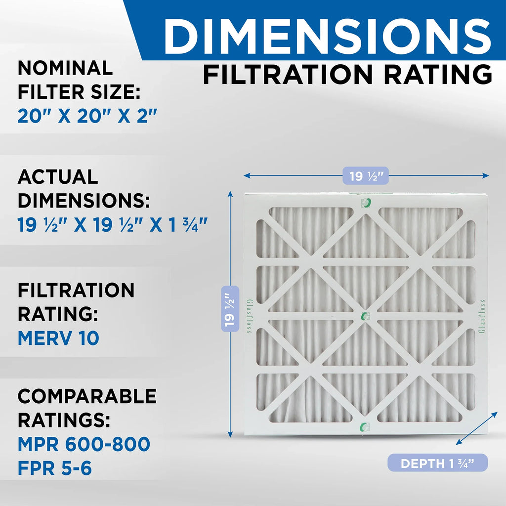 Exact Size: 19-1/2 x 19-1/2 x 1-3/4. Box of 4. Glasfloss ZL 20x20x2 MERV 10 Pleated AC Furnace Air Filters