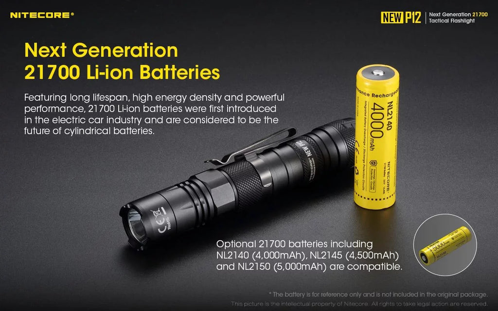 Nitecore New P12 Version LED Flashlight - 1200 Lumens w/NL2150HPR Battery, USB Cord, Offset Mount, RSW3 Pressure Switch,  and  3Amp Wall Adapter