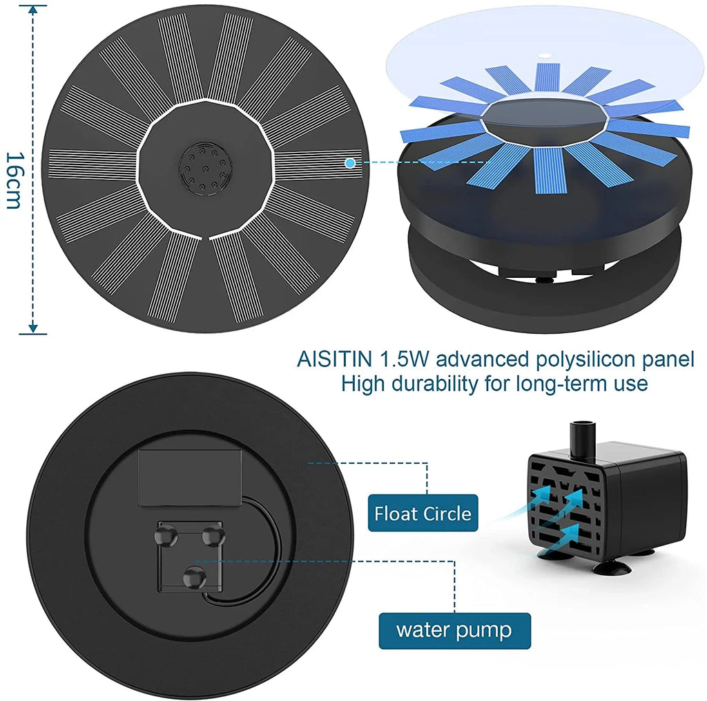 AISITIN 1.5W Solar Fountain Pump, newly upgraded with 6 nozzles solar bird bath fountain, suitable for ponds, gardens, bird baths, fish tanks, outdoor independent solar aqua pump floating fountains