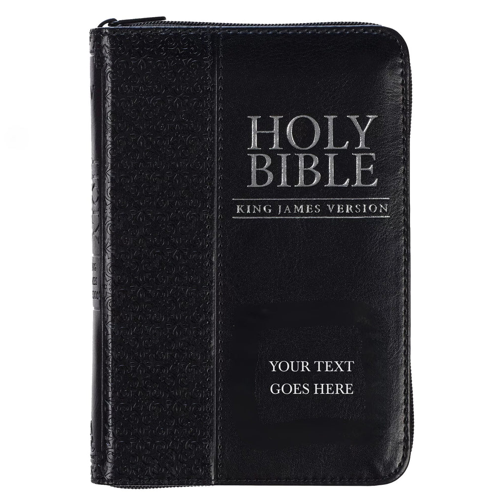 Personalized KJV Compact Pocket Bible with Zipper Closure King James Version Faux Leather Holy Bible with Custom Name Up To 3 Rows Of Text - Ideal for Travel in backpack, purse, or briefcase | Black