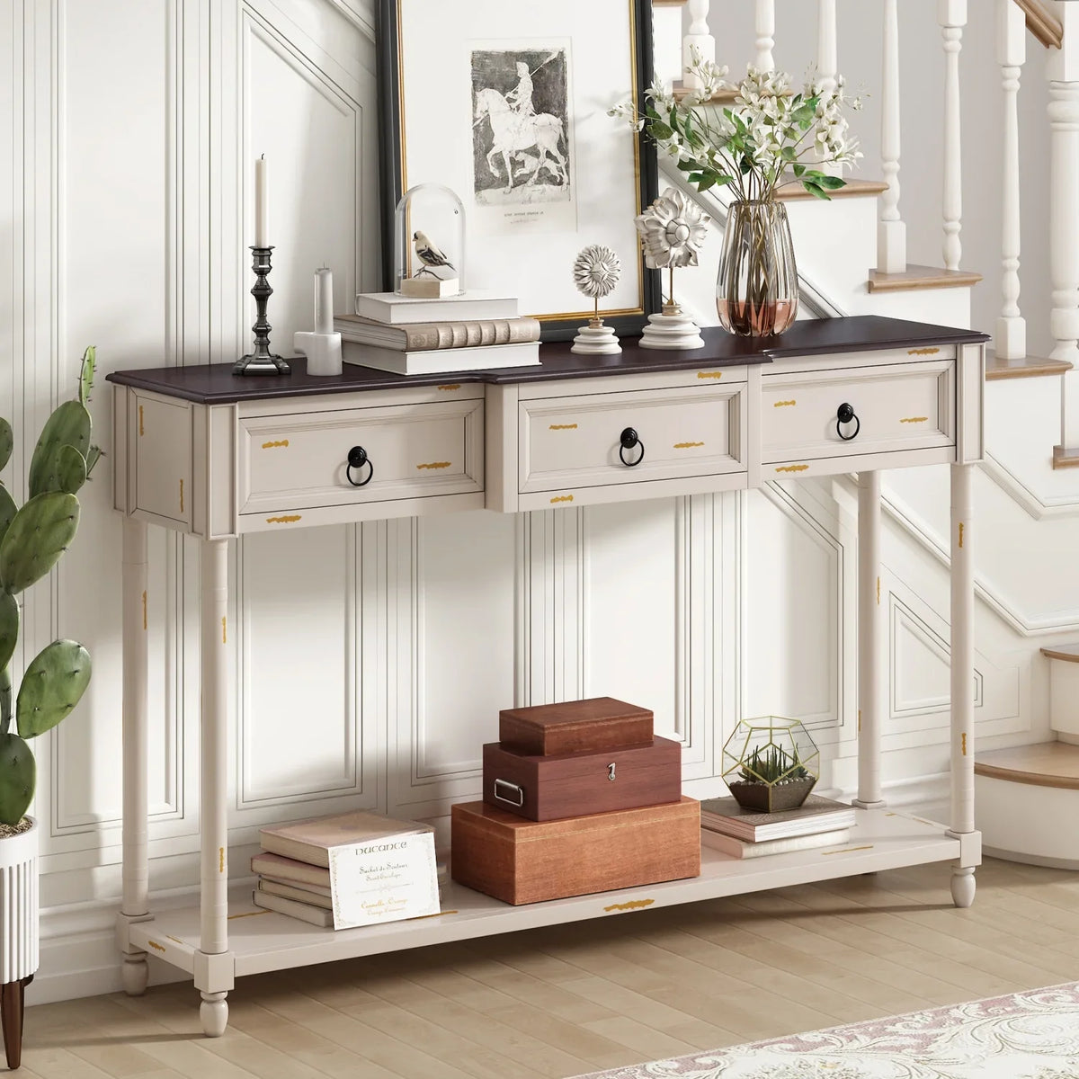 TREXM Console Table Sofa Table with Drawers for Entryway with Projecting Drawers and Long Shelf (Antique White  OLD SKU  WF189574AAK)