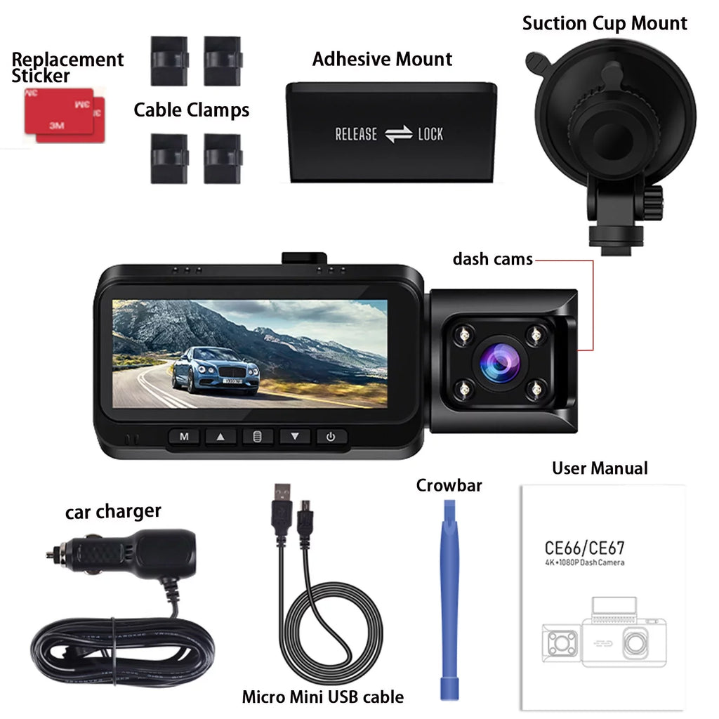 TOGUARD Front and Inside Dual Dash Camera 4K Car Dash Cam with GPS 3.16" Display, 170° Wide Angle, IR Night Vision, Support 256GB Max, Black