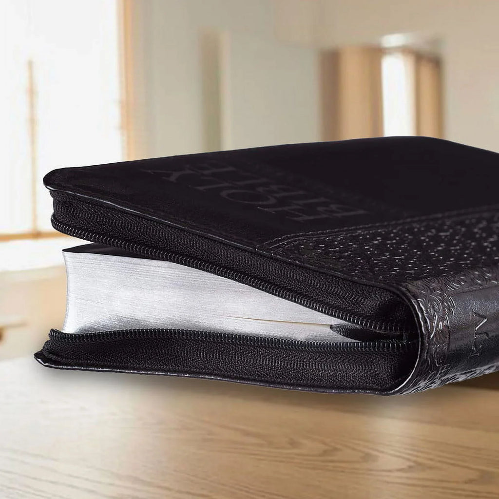 Personalized KJV Compact Pocket Bible with Zipper Closure King James Version Faux Leather Holy Bible with Custom Name Up To 3 Rows Of Text - Ideal for Travel in backpack, purse, or briefcase | Black