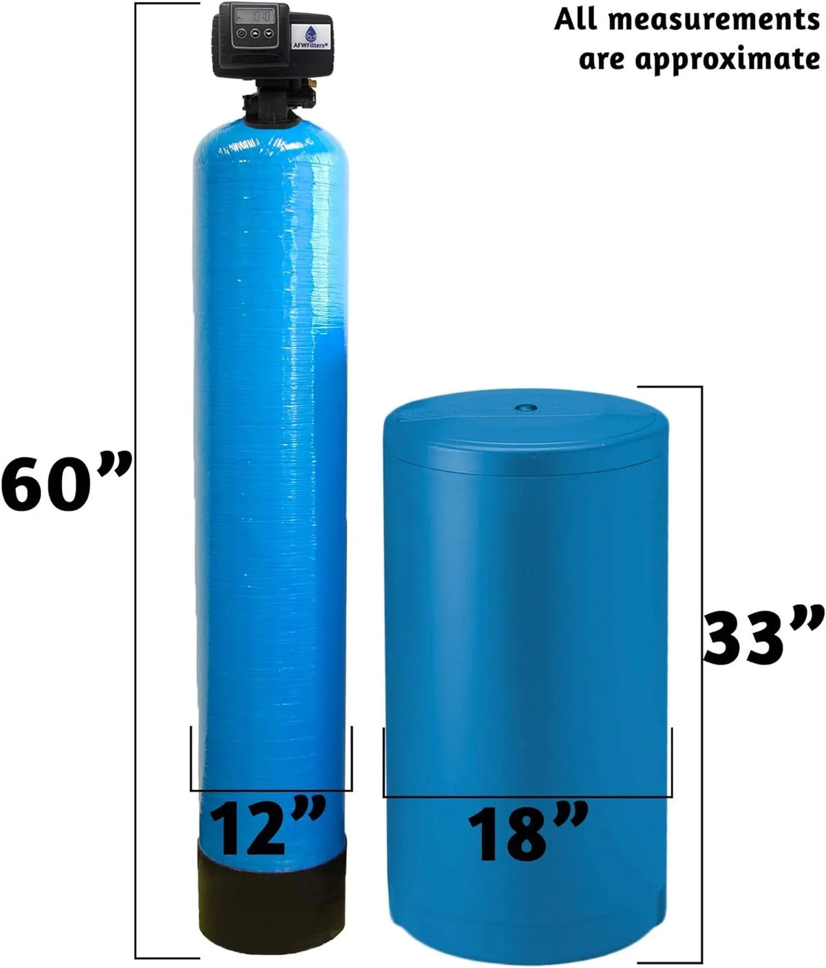 AFWFilters 2 cubic Foot 64k Whole Home moisture Softener with High Capacity Resin, 1" Stainless Steel FNPT Connection, and Blue Tanks