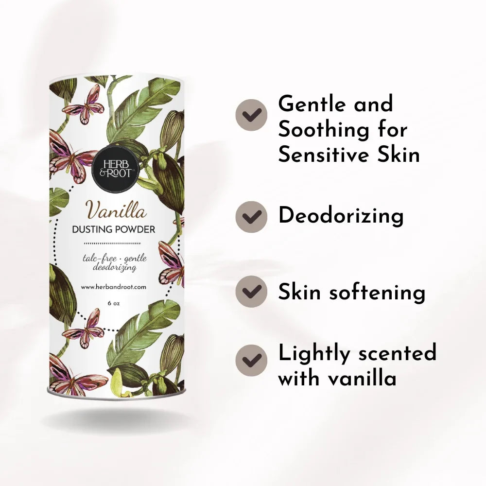 Herb & Root Vanilla Scented Talc Free Dusting Powder | Body Powder for Women & Men | 6 oz