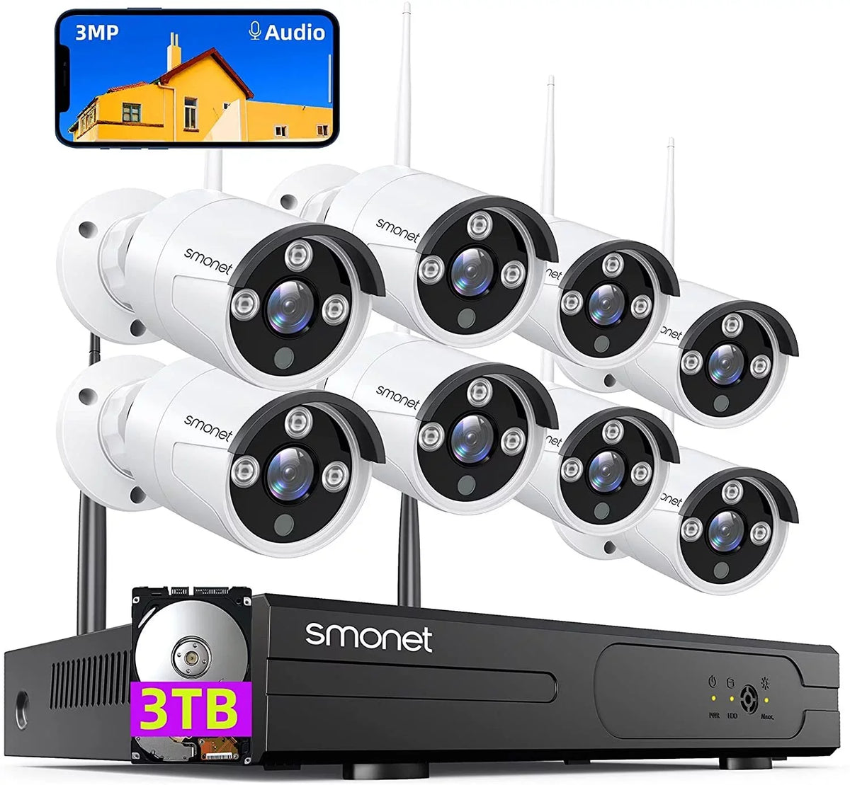 SMONET 3MP Wireless Security Camera System with Audio, 8Pcs 3MP Surveillance NVR Kits, 3TB Hard Drive,8CH 3MP Indoor Outdoor CCTV Cameras,P2P,Night Vision,AI Human Detection
