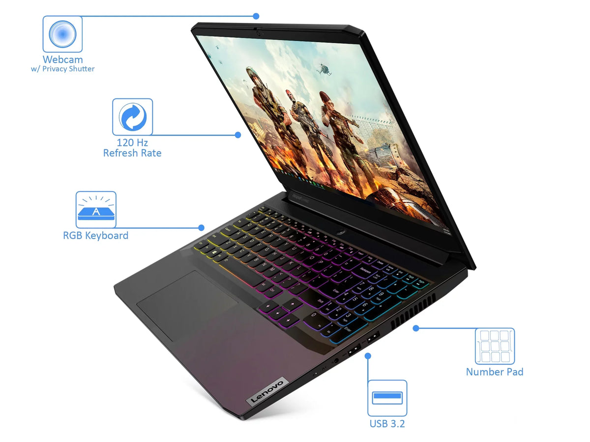 IdeaPad 3 Gaming Laptop, 15.6" 120Hz FHD Display, AMD Ryzen 5 5600H Upto 4.2GHz, 8GB RAM, 512GB NVMe SSD, NVIDIA GeForce RTX 3050, HDMI, Wi-Fi, Bluetooth, Windows 10 Pro
