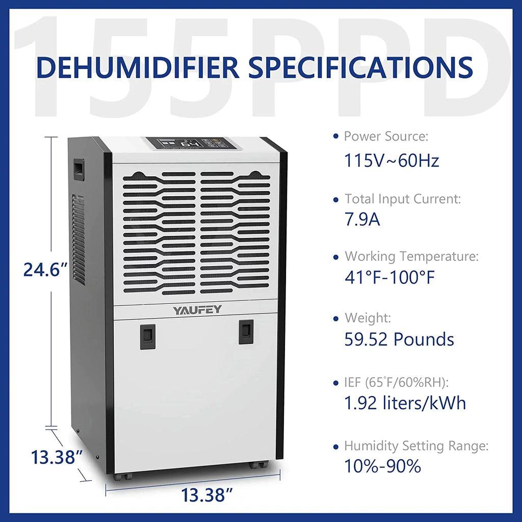 Ft - Includes 6.56ft Drain Hose, 1.32 Gal moisture Tank Ideal for Large Basements, Industrial or Commercial Spaces and Job Sites. Yaufey Large Commercial 155 Pint Dehumidifier for Spaces up to 8,000 Sq