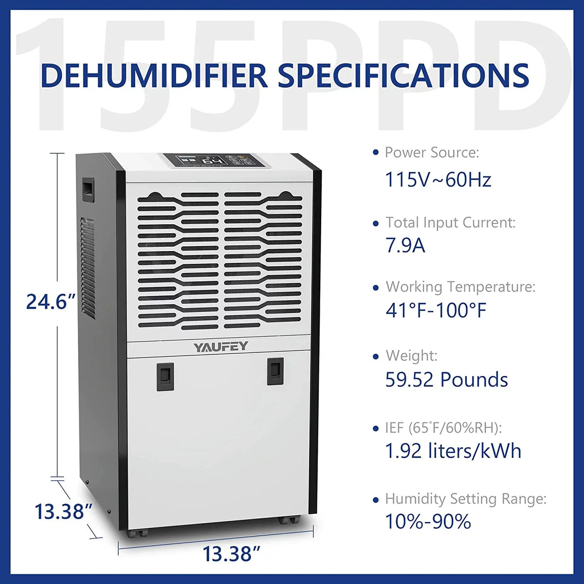 Ft - Includes 6.56ft Drain Hose, 1.32 Gal moisture Tank Ideal for Large Basements, Industrial or Commercial Spaces and Job Sites. Yaufey Large Commercial 155 Pint Dehumidifier for Spaces up to 8,000 Sq