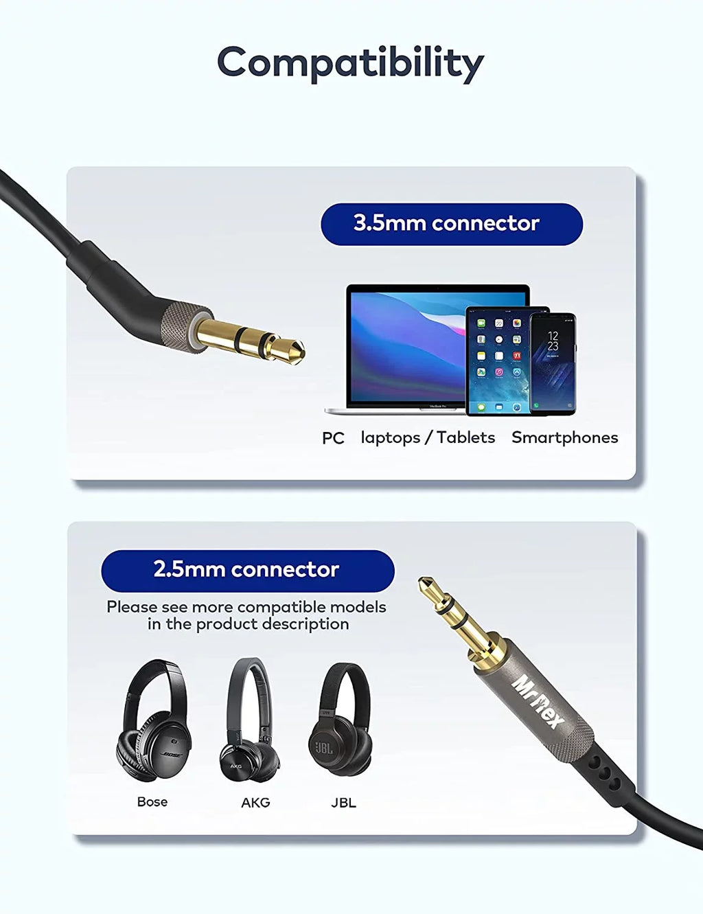 Mr Rex 3.5mm to 2.5mm Aux Cable Cord for  700 QuietComfort QC45 QC35II QC35 QC25 Noise Cancelling Headphones, JBL