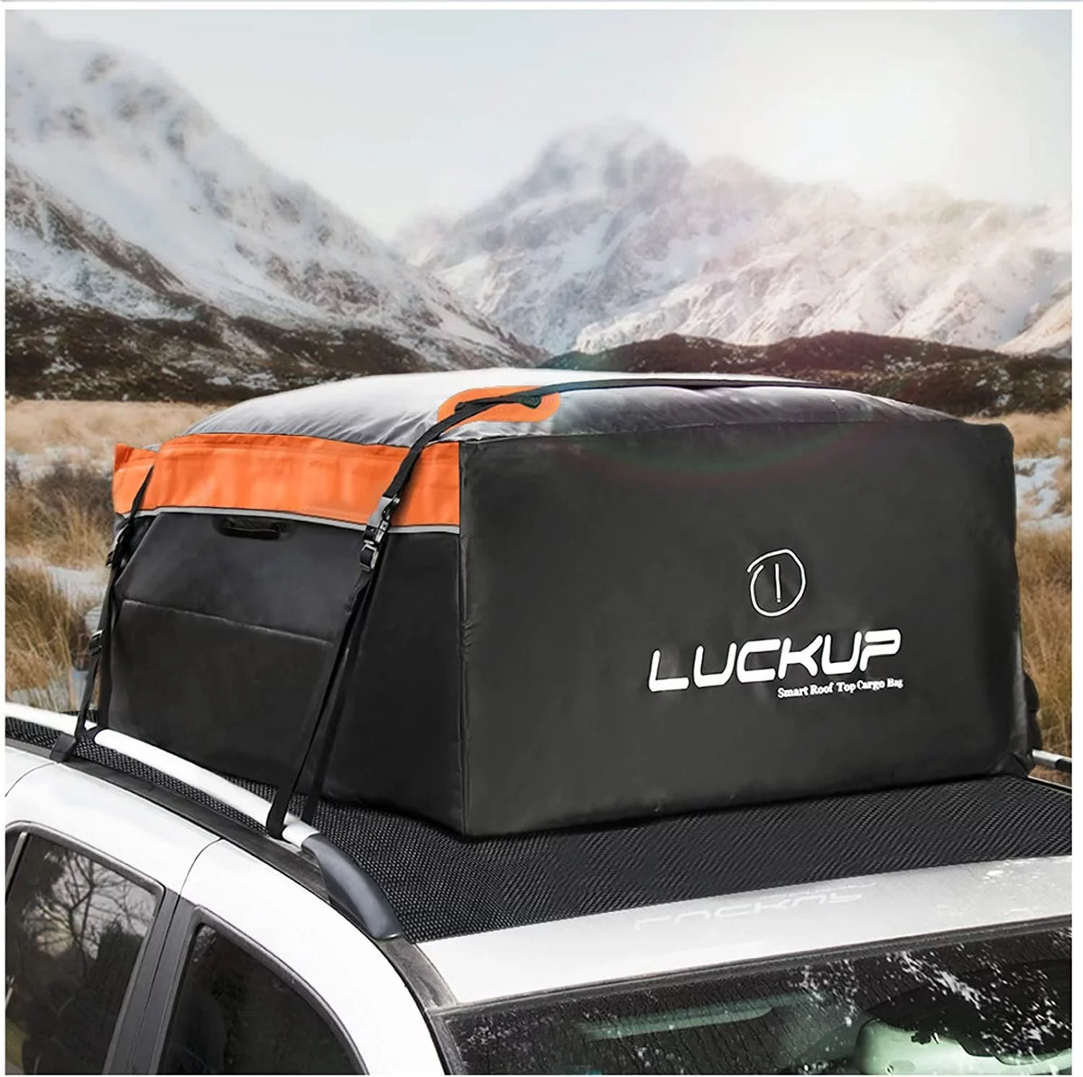 LUCKUP Roof Rack Car Cargo Carrier Bag,18.5 Cubic Ft Rooftop Box, Waterproof &Durable with Anti-Slip Mat, Heavy Duty Wide Straps and Buckles, appropriate for All Car Models (Black & Orange)