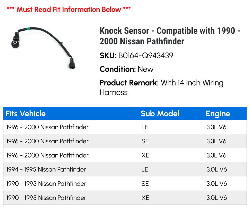 Knock Sensor - matching with 1990 - 2000 Nissan Pathfinder 1991 1992 1993 1994 1995 1996 1997 1998 1999