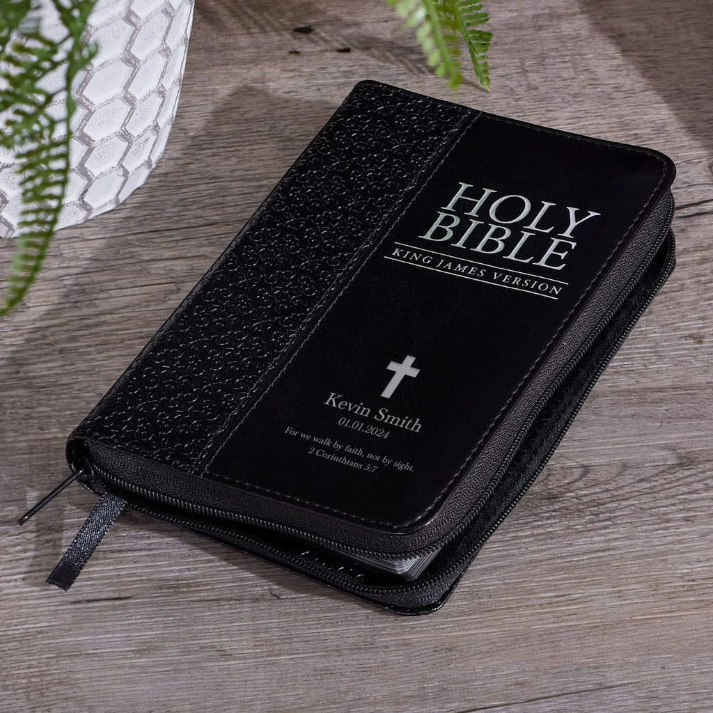 Personalized KJV Compact Pocket Bible with Zipper Closure King James Version Faux Leather Holy Bible with Custom Name Up To 3 Rows Of Text - Ideal for Travel in backpack, purse, or briefcase | Black