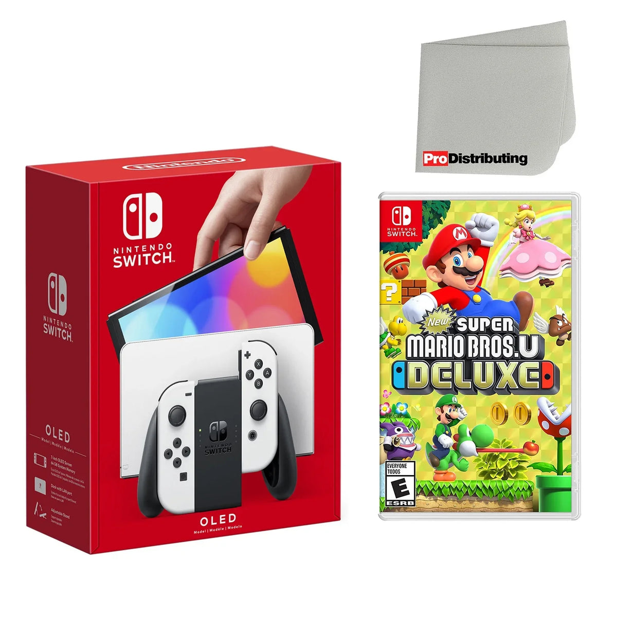 U Deluxe and Screen Cleaning Cloth - Import with US Plug. Nintendo Switch OLED Console White with New Super Mario Bros