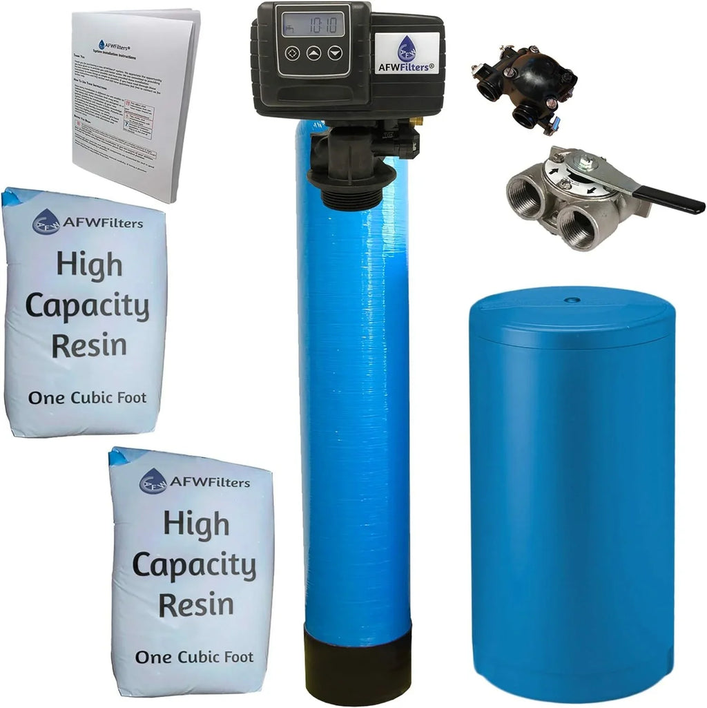 AFWFilters 2 cubic Foot 64k Whole Home moisture Softener with High Capacity Resin, 1" Stainless Steel FNPT Connection, and Blue Tanks