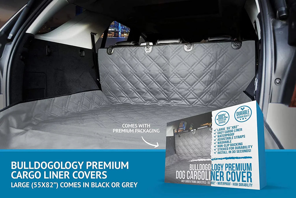 Bulldogology SUV Cargo Liner for Dogs - Heavy Duty Pet Trunk Cargo wrap - Dog Car Seat shield Waterproof Nonslip - Dog Hair, Muddy Paws, Scratches wrap Protector for Cars Vans SUVs (X-Large, Grey)