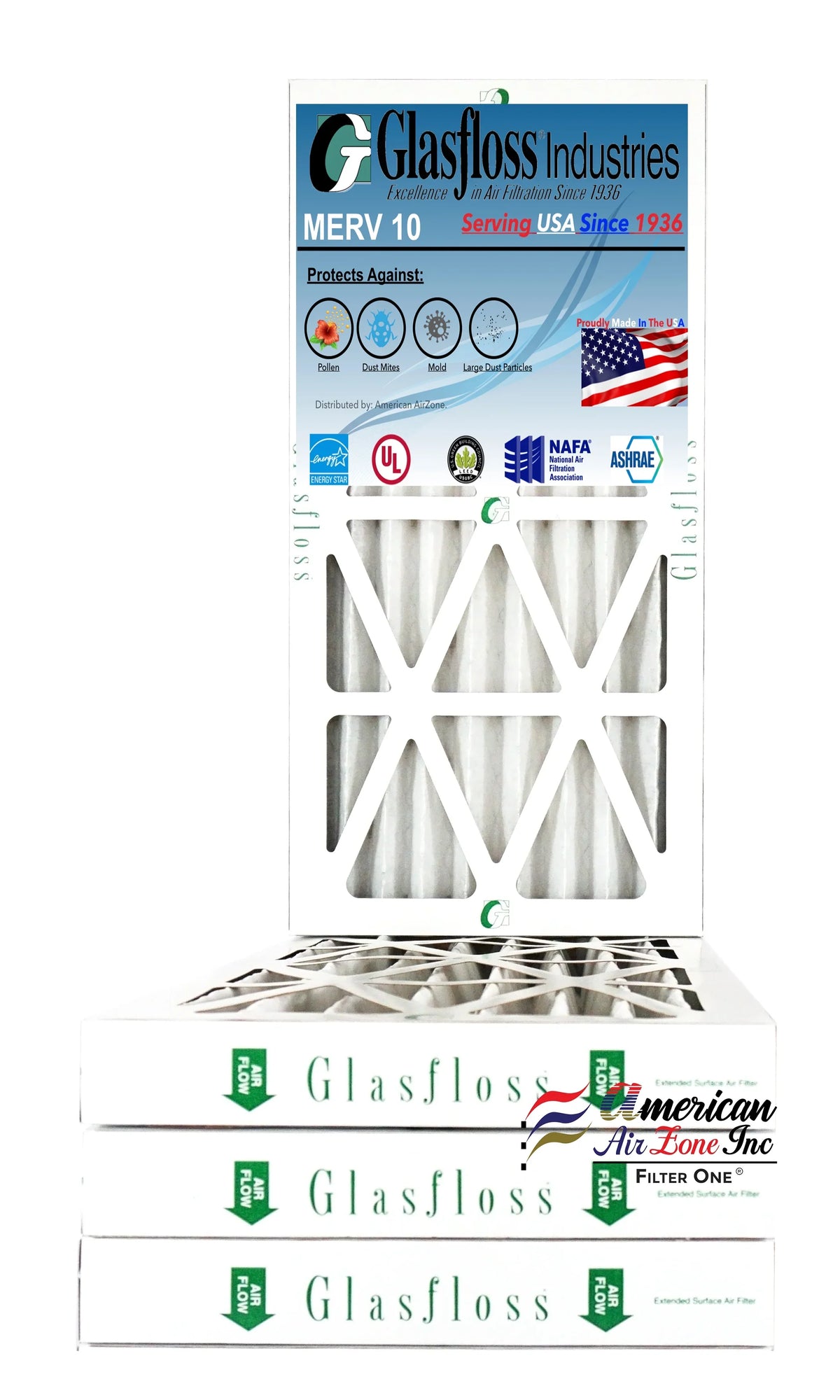 Glasfloss Air Filter 12x25x2 - 2" MERV 10 - (Pack of 4) - Pleated AC or HVAC Air Filter - Furnace Air Filter - Home or Office - Made In The USA.