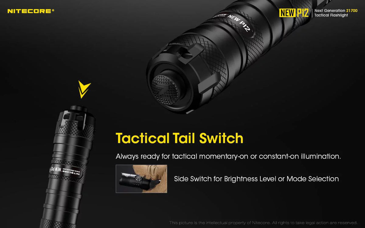 Nitecore New P12 Version LED Flashlight - 1200 Lumens w/NL2150HPR Battery, USB Cord, Offset Mount, RSW3 Pressure Switch,  and  3Amp Wall Adapter