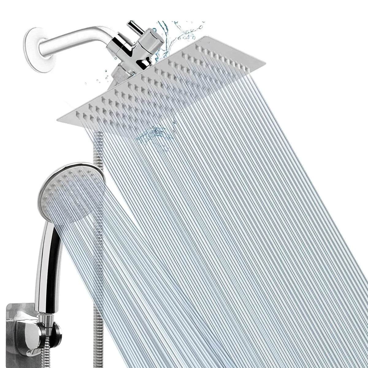 5-Setting High Pressure Shower Head, 10″Square Rain Shower Head with Handheld and Self-adhesive Holder/1.5M Hose -1 Replaceable Filter Cartridge