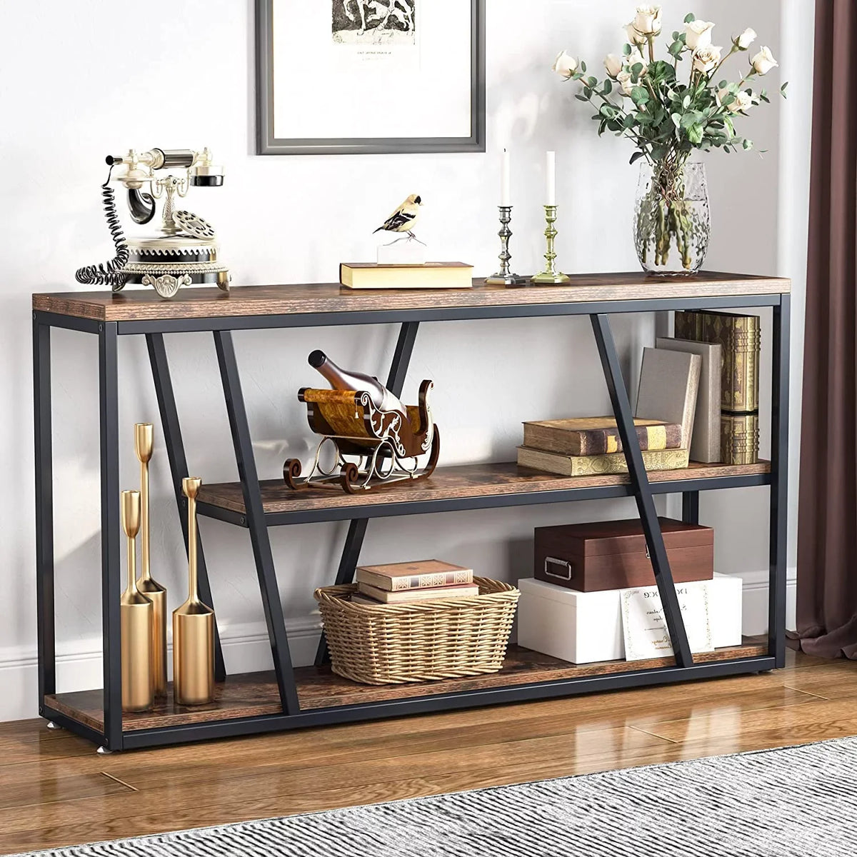 Console Table, Industrial Sofa Table with Shelves, 3-Tier Entryway Table with Storage for Entryway, Living Room, Hallway, 59.1" L x 11.8" W x 31.5" H, Rustic Brown