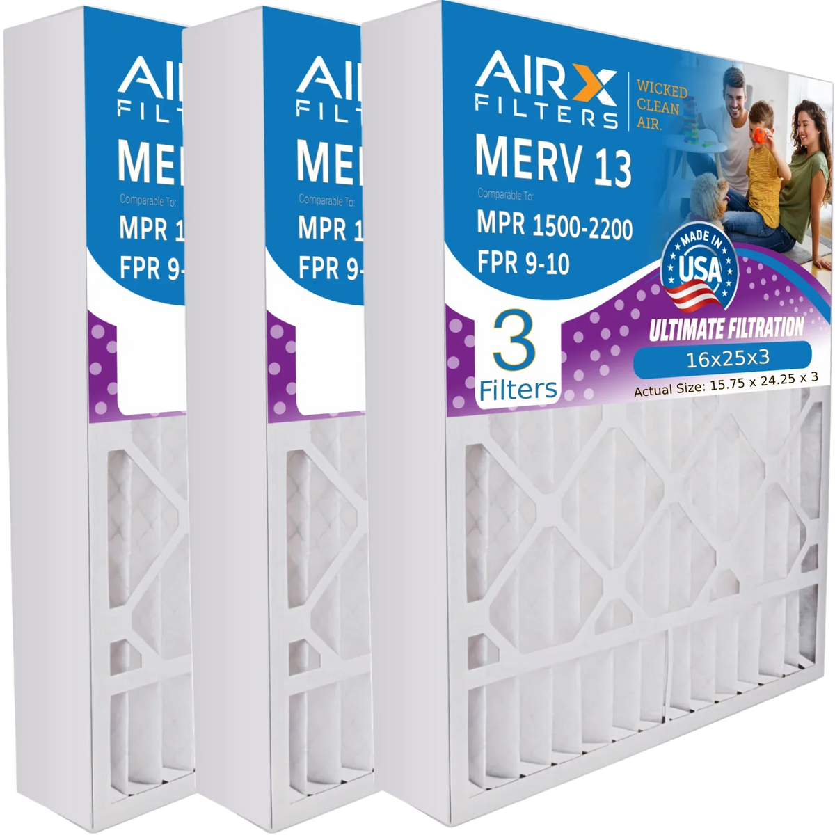 16x25x3 Air Filter MERV 13 Comparable to MPR 1500 - 2200 & FPR 9 appropriate with Air Bear 255649-101 Premium USA Made 16x25x3 Furnace Filter 3 Pack by AIRX FILTERS WICKED CLEAN AIR.