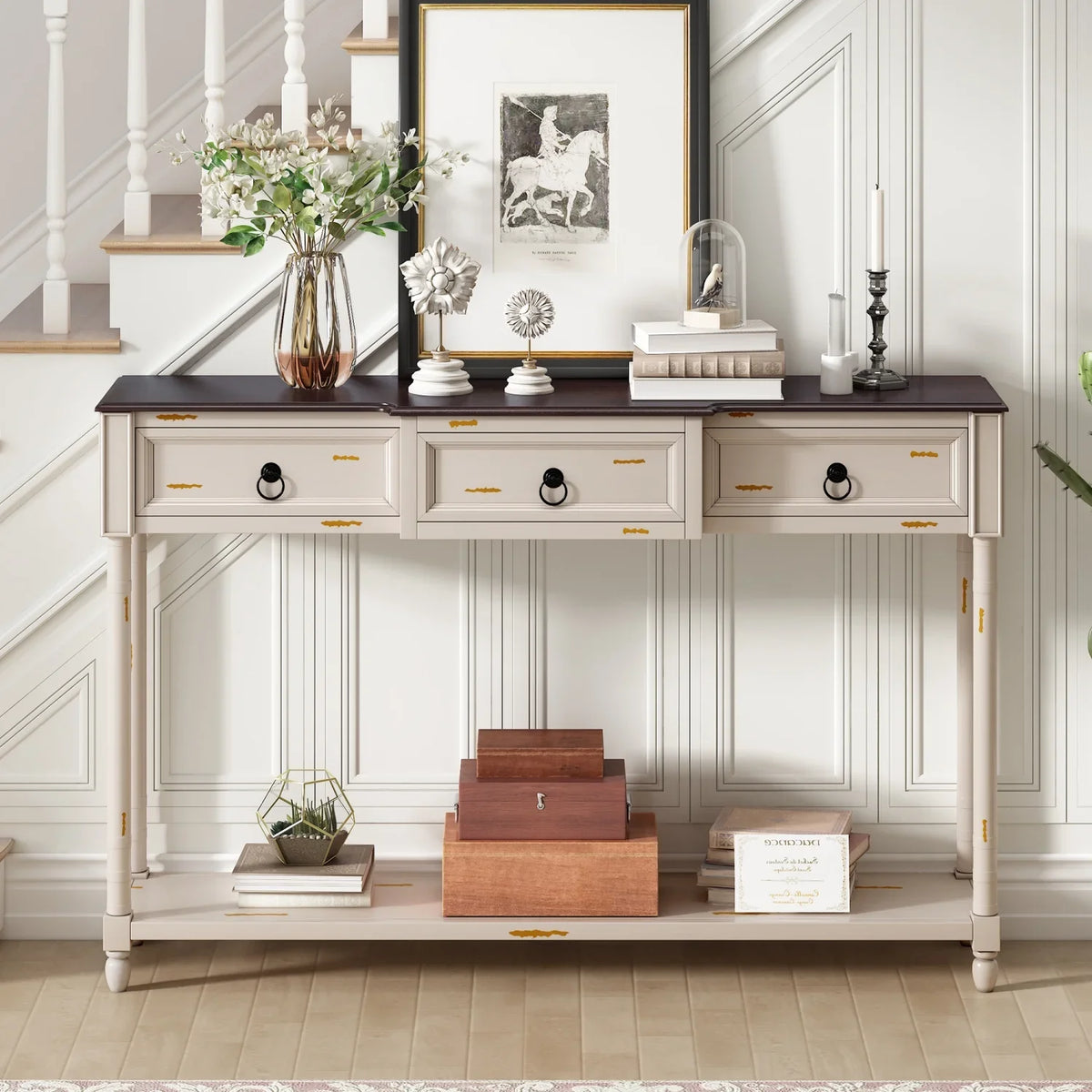 TREXM Console Table Sofa Table with Drawers for Entryway with Projecting Drawers and Long Shelf (Antique White  OLD SKU  WF189574AAK)