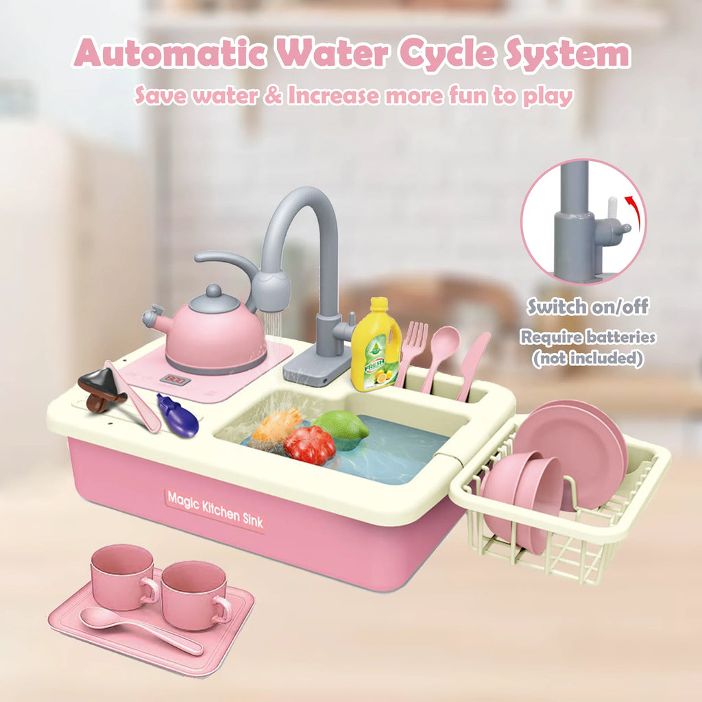 Richgv Pretend Play Kitchen Sink Toys with Running liquid, 23PCS Electric aqua Sink Toy with Play Induction Cooker Play Cutting Food, Kids Kitchen Role Play Toys for Boys Girls