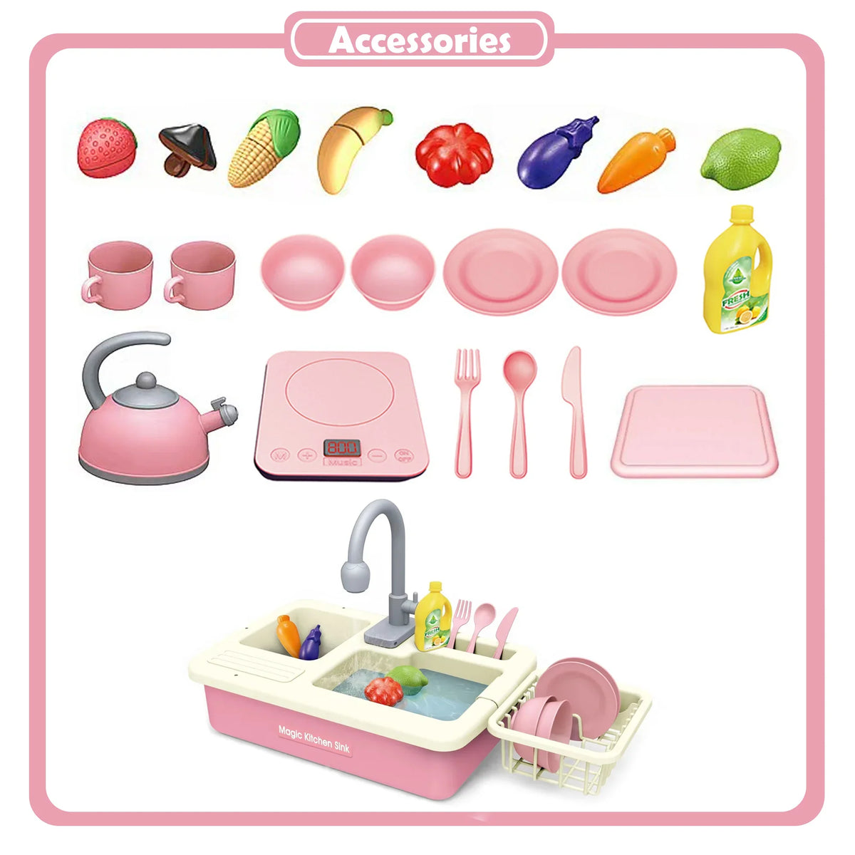 Richgv Pretend Play Kitchen Sink Toys with Running liquid, 23PCS Electric aqua Sink Toy with Play Induction Cooker Play Cutting Food, Kids Kitchen Role Play Toys for Boys Girls