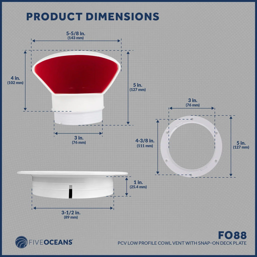 Five Oceans  3-Inch Cowl Vent with Snap-On Deck Plate and wrap, Low Profile UV-impervious and Flexible PVC, Red Interior, for Air Intake or Cabin Ventilation- FO88