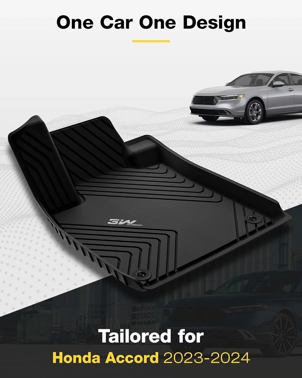 3W Custom Fit All elements Floor Mats for Honda Accord 2023-2024 (Hatchback, Coupe, Sedan) - Heavy Duty TPE, Front & Rear 2 Rows (Including Hybrid Model), Black