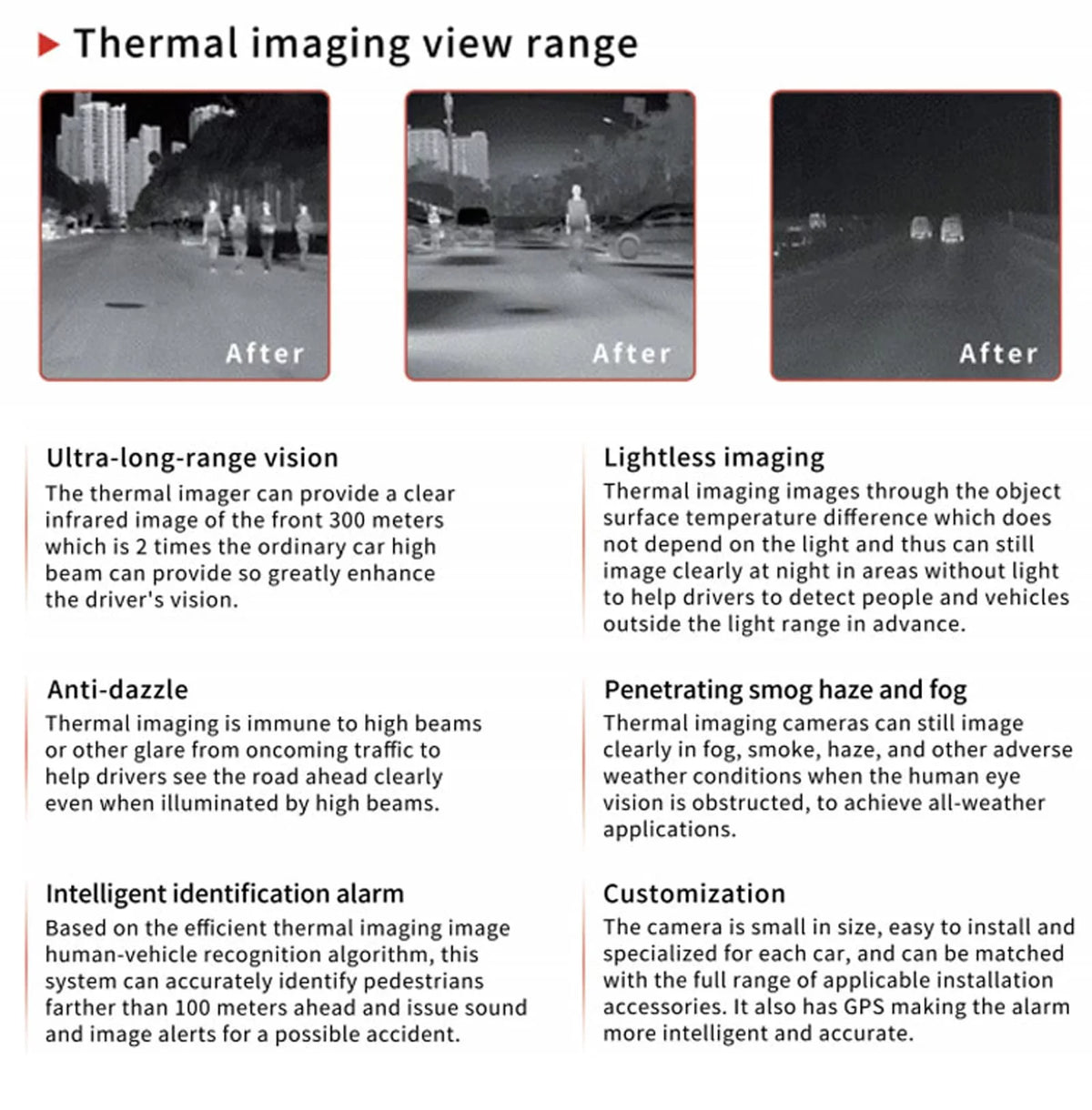 Car Night Vision IP67 Waterproof Avoid Obstacles System Driving Thermal Car Infrared Image Camera Auto Black Box Car Night Vision Camera for Cars